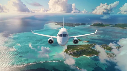 Foto op Plexiglas Airplane small, white flies joyfully over Bahamas' clear blue waters. Happy airplane over blue waters, near green islands. © Chatpisit