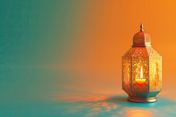 3d orange candle lantern ramadan on blue gradation orange background. ramadan kareem holiday celebration concept