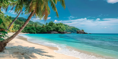 tropical beach with palm trees and blue water,