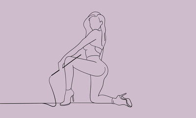 Dancing girl in line art style on a pink background. Fitness model. Vector illustration