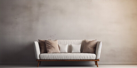 Minimalistic living room interior with white sofa, pillows and concrete wall in the background