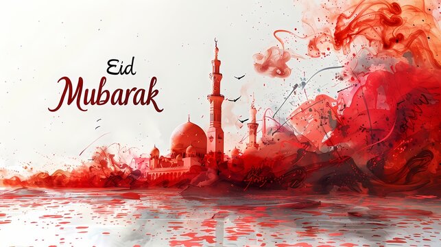 A captivating HD image showcasing the phrase "Eid Mubarak" boldly set against a vibrant red and white backdrop