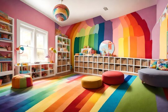 A rainbow-themed playroom with multi-colored rugs and vibrant wall paint