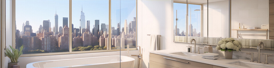 Cityscape view from modern bathroom interior with bathtub and large windows
