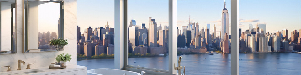 Fototapeta na wymiar Cityscape and bathroom interior in realistic style with blue and white colors