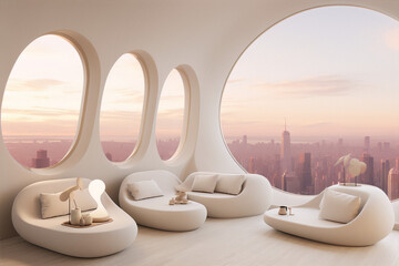 Futuristic living room interior with large windows and city view, 3d illustration