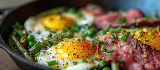 A stove-top pan filled with corned beef hash, eggs, and green beans cooking together. - obrazy, fototapety, plakaty