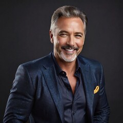A middle aged man in a neat suit looking straight ahead and smiling charmingly