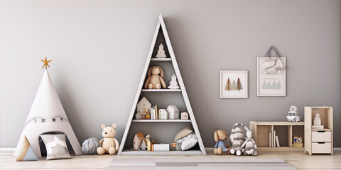 A minimalist child's room with a teepee, a triangular shelf, and a few toys in muted colors. - obrazy, fototapety, plakaty