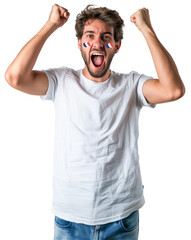 Fototapeta premium Young French people cheer for sports. Paint the French flag on the face. happy with victory. PNG