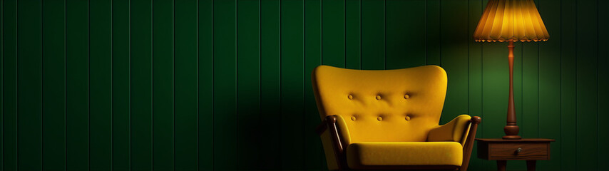 3D rendering of a vintage yellow armchair and a table with a lamp on it against a dark green wood-paneled wall. - obrazy, fototapety, plakaty