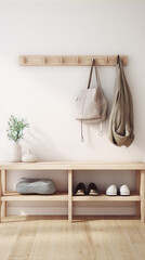 Warm minimal hallway interior with natural materials and soft light