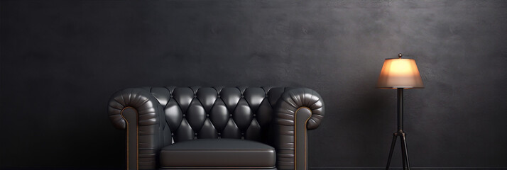Black leather chesterfield sofa in a dark room with a lamp - obrazy, fototapety, plakaty