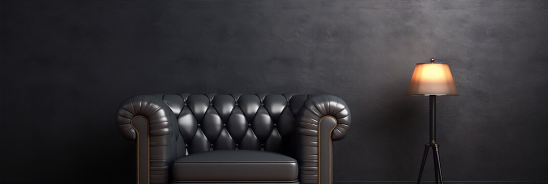 Black leather chesterfield sofa in a dark room with a lamp