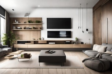 A sleek entertainment area with a minimalist media console, wall-mounted TV, and hidden storage, creating a modern and clutter-free space.