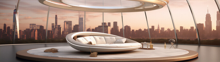 Futuristic living room interior with panoramic city view, 3d illustration
