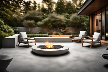 A simple, elegant outdoor patio with a concrete fire pit, wooden deck chairs, and minimal landscaping
