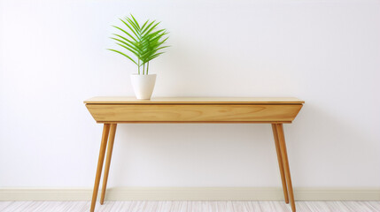 3D rendering of a wooden table with a potted plant on it against a white background. - obrazy, fototapety, plakaty