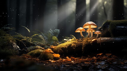 mushroom on forest background with spotlight effect, mushroom on forest wallpaper and background
