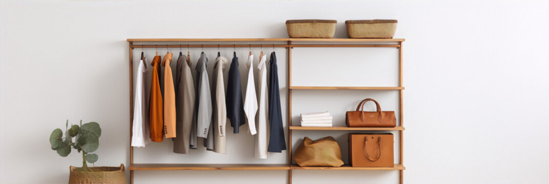 An image of clothes and accessories in a modern home interior with white walls and wooden furniture.