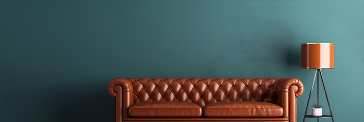 3D rendering, Chesterfield sofa in teal blue room with tripod floor lamp