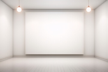 3D rendering of a blank white canvas on a white wall in a white room with white lights.