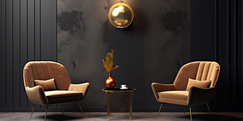3D rendering of two armchairs and a table in a dark room with a golden lamp.