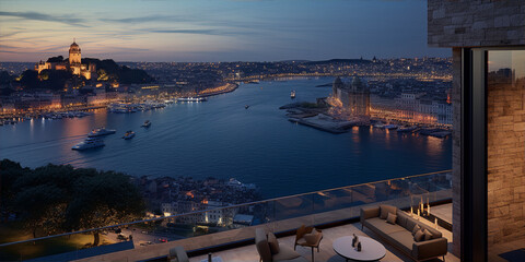 Naklejka premium Cityscape of Istanbul with a view of the Bosphorus at night in 3d illustration.