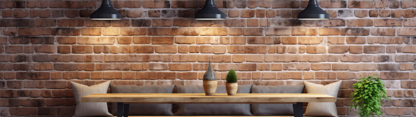 Rustic charm in brick wall decor with wood table and pillows