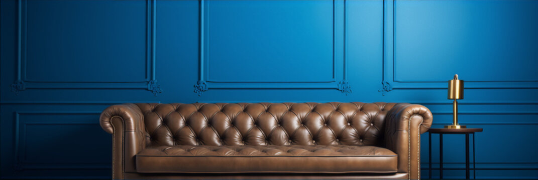 Blue wall and brown leather chesterfield sofa in classic interior