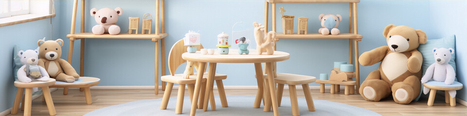 3D rendering of a cute and colorful playroom with a teddy bear theme, featuring soft pastel colors and wooden furniture. - obrazy, fototapety, plakaty