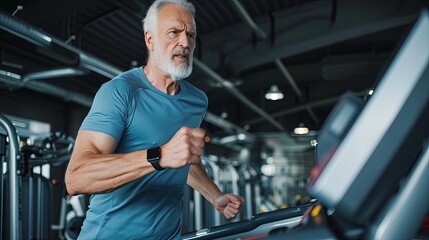 Portrait of a senior man exercising in a gym at treadmill. Active and motivated senior enjoying a treadmill workout.