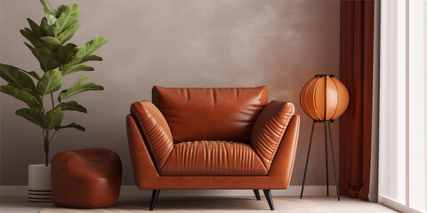 Minimalist living room interior with brown leather armchair, footstool, and floor lamp - obrazy, fototapety, plakaty