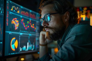 A data analyst intently scrutinizes complex financial charts on multiple computer screens, immersed in a world of market trends and analytics. - obrazy, fototapety, plakaty