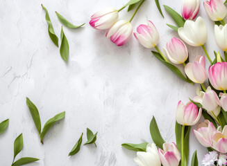 Pink and white tulip flowers on background with copy space, top view, flower poster