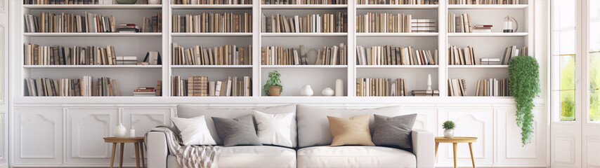 3d illustration of a living room with a large white built-in bookshelf and a white sofa