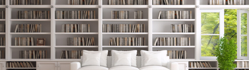 3D rendering of a library interior with white bookshelves, a large window, and a white sofa in front of it.