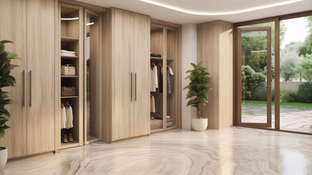 Showcase of modern home interior design with wooden closets and marble floor in 3D rendering