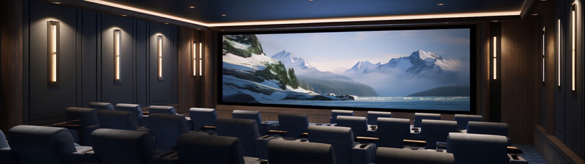 Home theater room with upholstered seats and a large screen showing a winter mountain landscape.