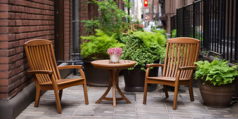 Fototapeta premium Two wooden chairs and a table with pink flowers in a narrow alley between brick buildings