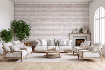 Bright airy living room interior with white brick wall, fireplace, comfy sofa and armchairs, coffee table, plants and arched windows.