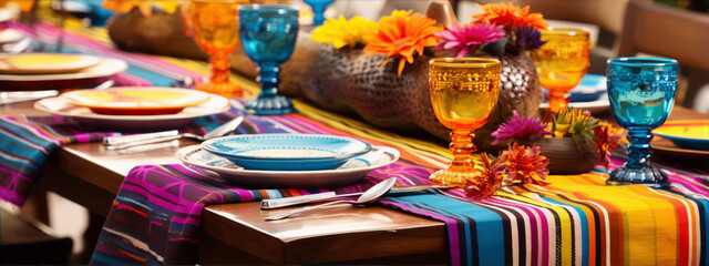 Fototapeta premium vibrant colors of a mexican fiesta table setting with bright flowers and colorful plates and glasses