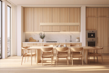 3D rendering of a modern kitchen with wooden cabinets and a large dining table with chairs in a minimalist style with neutral colors