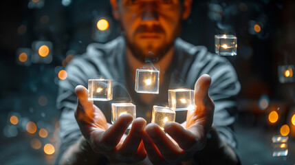 A man skillfully stacks interlocking puzzle cubes, completing the challenge with precision and determination