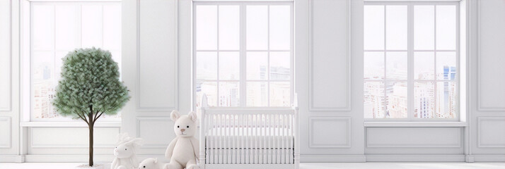 3d rendering of a bright minimal scandinavian nursery with a crib, a small tree, and a few toys - obrazy, fototapety, plakaty