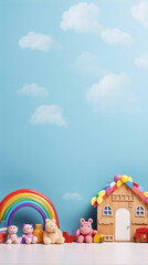 Cute cartoon animals and toys in a whimsical blue sky setting