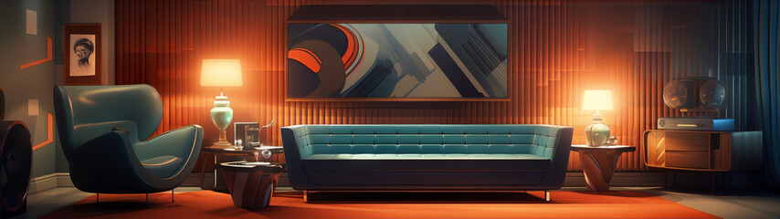 Retrofuturism interior design living room with blue sofa and orange walls in 3d illustration