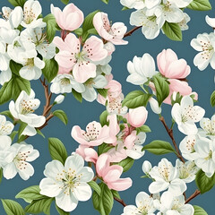 Blossoming Apple Tree Pattern, vividly detailed against a calming teal backdrop, perfect for spring projects, and Cherry Blossom Textile Design, combined with the essence of spring.