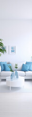 White sofa and blue pillows in a white room with blue decorations and plants.