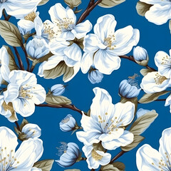 Vibrant Springtime Apple Blossom Pattern; lush, detailed blooms against teal. Botanical Apple Blossom Artwork; perfect for eco-friendly and sustainable design projects.